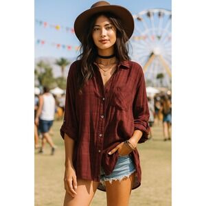 Fidelity Denim Burgundy Plaid Button Down Shirt Long Sleeve Casual Top